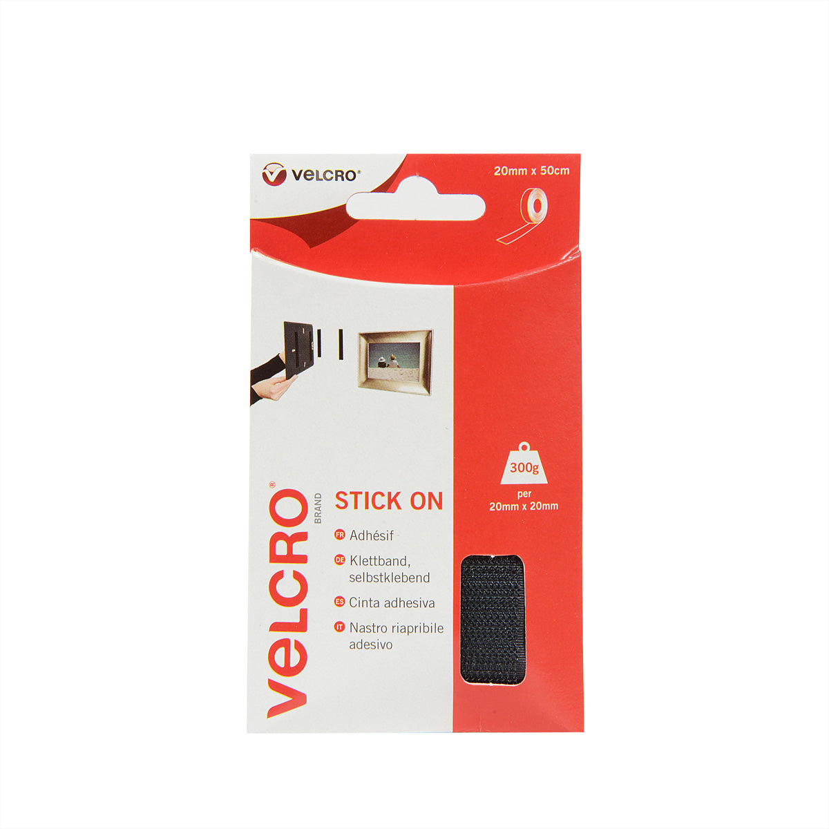 Velcro Klettband – 20 mm × 0,5 m, schwarz, selbstklebend, 1 Stk.