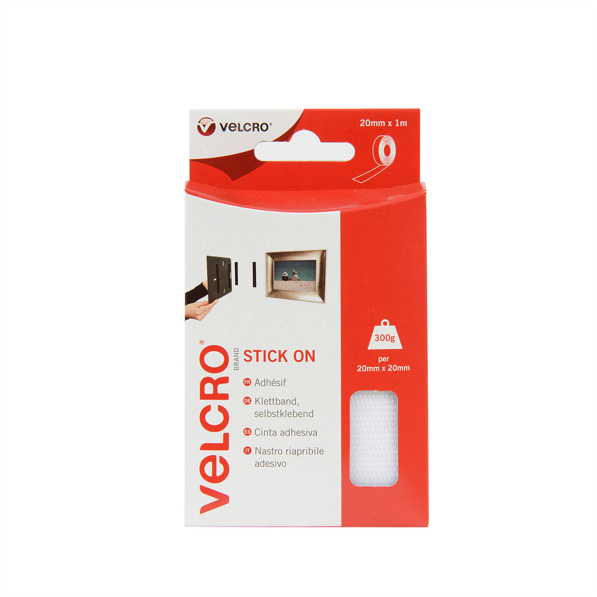 Velcro Selbstklebendes Klettband – 20 mm × 1 m, weiss, 1 Stk.