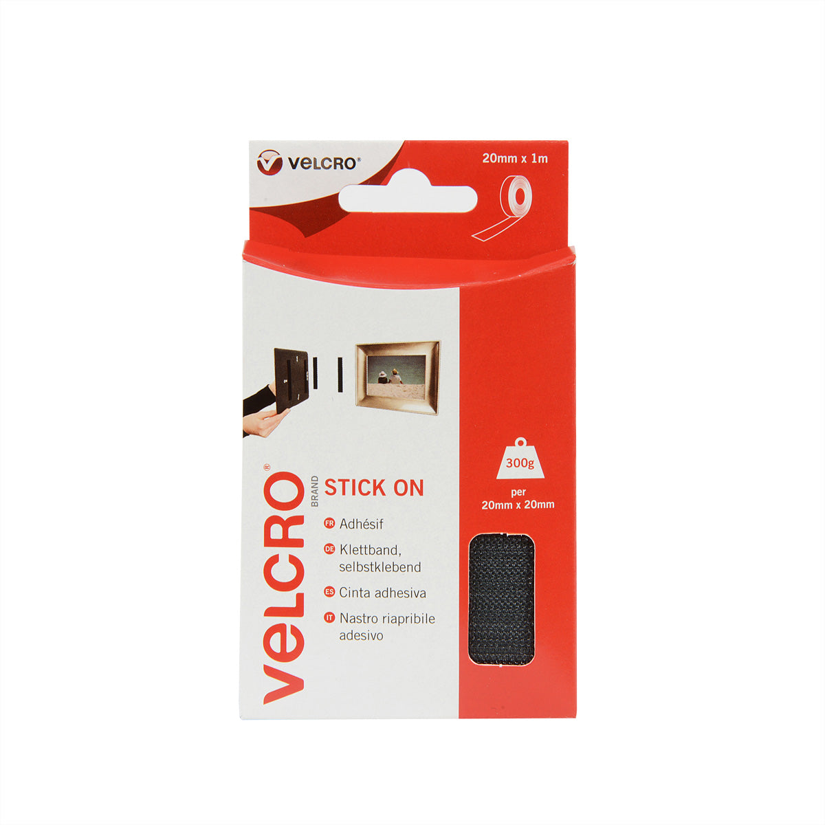 Velcro Klettband selbstklebend – 20 mm × 1 m, schwarz, 1 Stk.