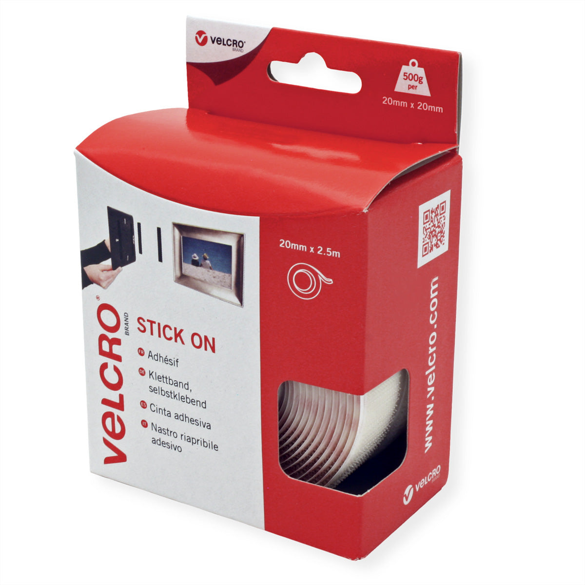Velcro Selbstklebendes Klettband – 20 mm × 2,5 m, weiss, 1 Stk.