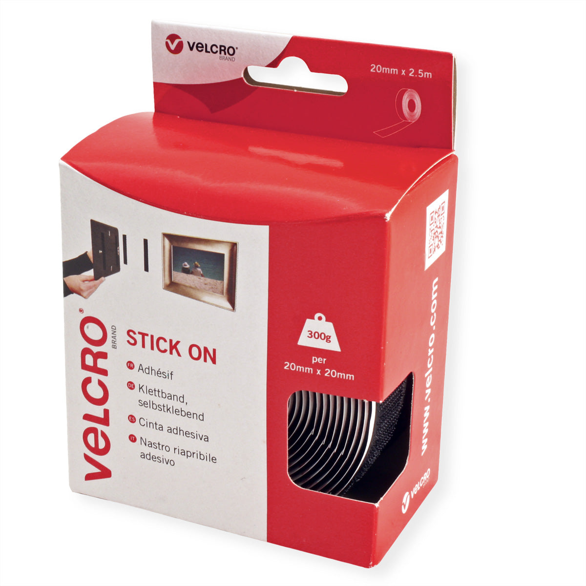 Velcro Selbstklebendes Klettband – 20 mm × 2,5 m, Schwarz, 1 Stk.