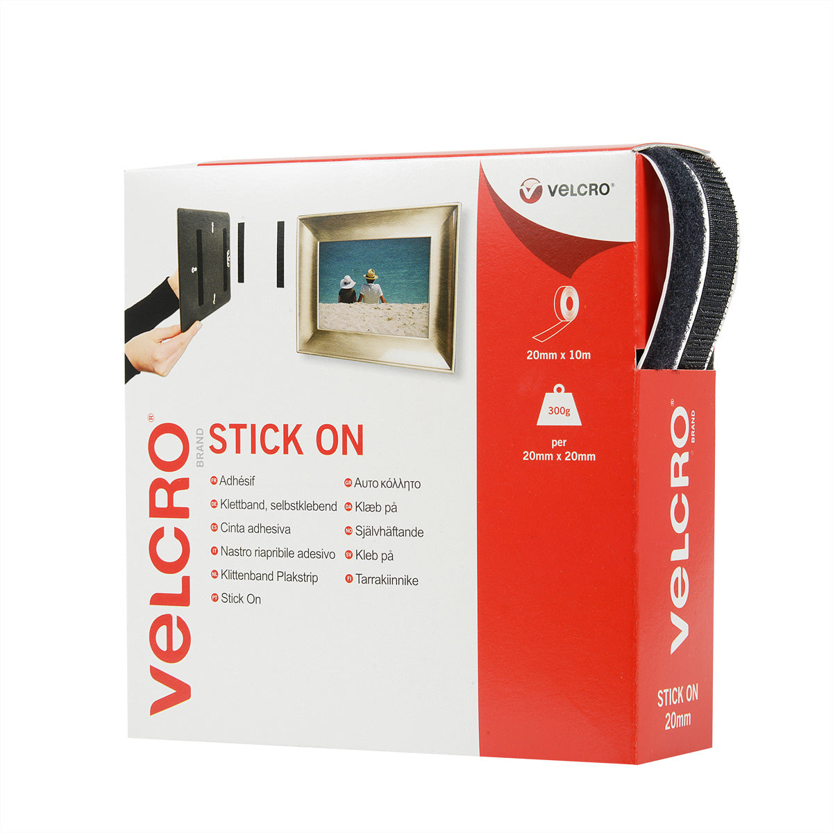 Velcro Klettband selbstklebend – 20 mm × 10 m, schwarz, 1 Stk.