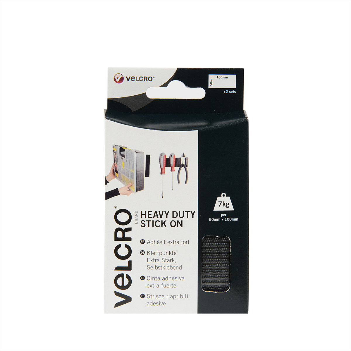 Velcro Klettstreifen extra stark – 50 mm × 0,1 m, schwarz, selbstklebend, bis 7 kg, 2 Sets