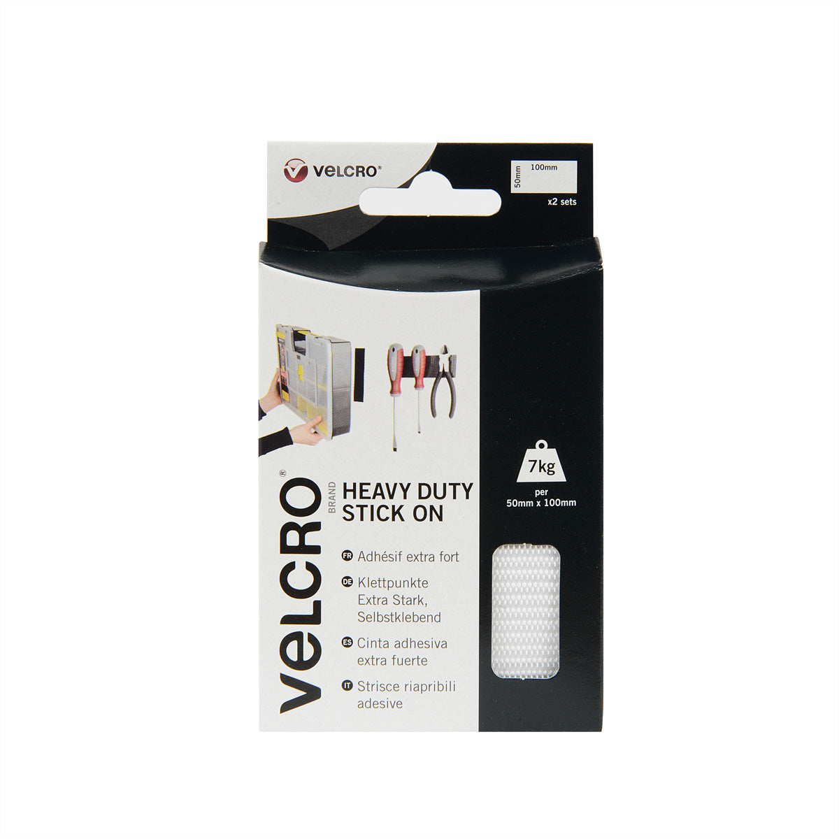 Velcro Extra starke Klettstreifen, selbstklebend – 50 × 100 mm, weiss, bis 7 kg, 2 Stk., für Innen- & Aussenbereich