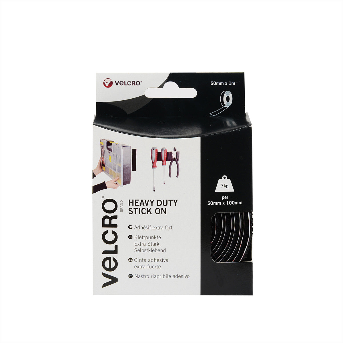 Velcro Klettband extra stark, selbstklebend – 50 mm × 1 m, schwarz, 1 Stk.