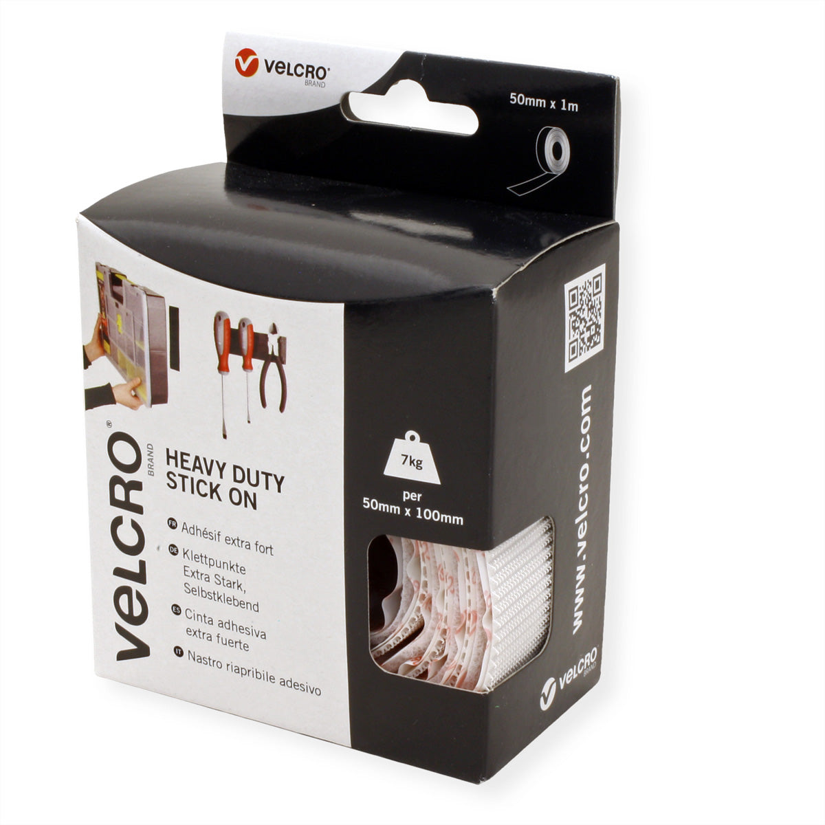 Velcro Klettband extra stark, selbstklebend – 50 mm × 1 m, weiss, 1 Stk.