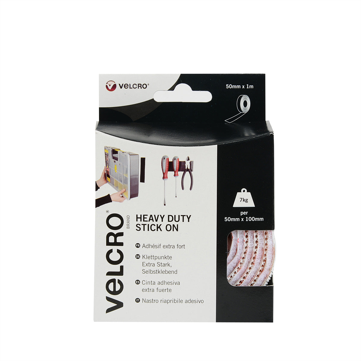 Velcro Klettband extra stark, selbstklebend – 50 mm × 1 m, weiss, 1 Stk.