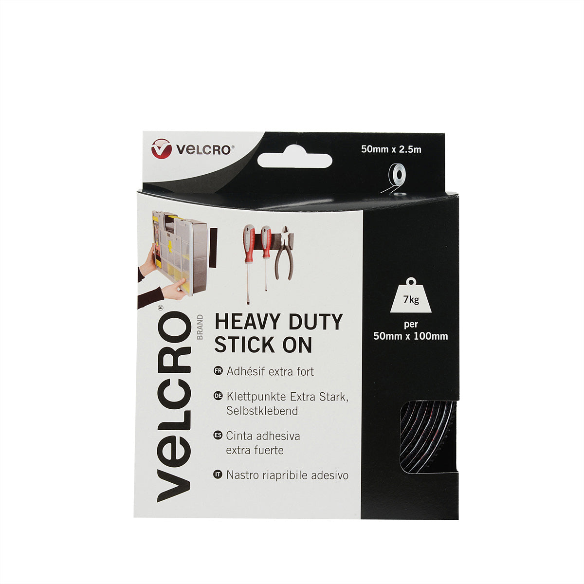 Velcro Klettband extra stark – 50 mm × 2,5 m, schwarz, selbstklebend