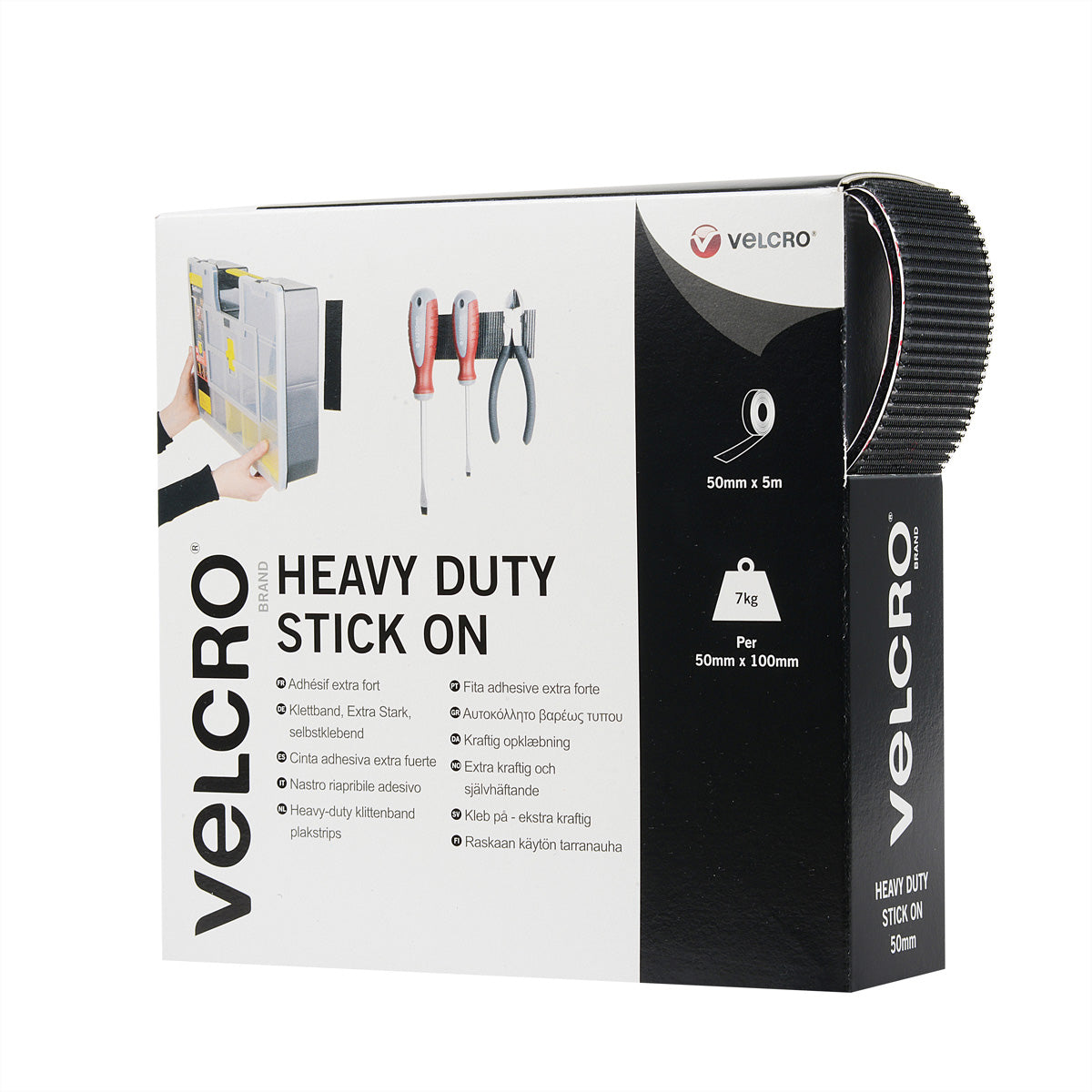 Velcro Klettband extra stark – 50 mm × 5 m, schwarz, selbstklebend, Innen & Aussen, 1 Stk.