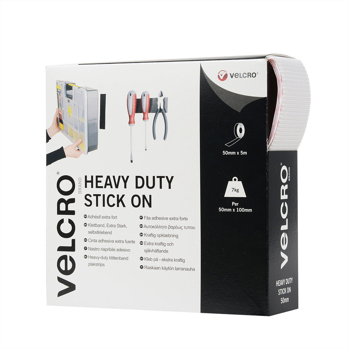 Velcro Klettband extra stark – 50 mm × 5 m, weiss, selbstklebend, 1 Stk.