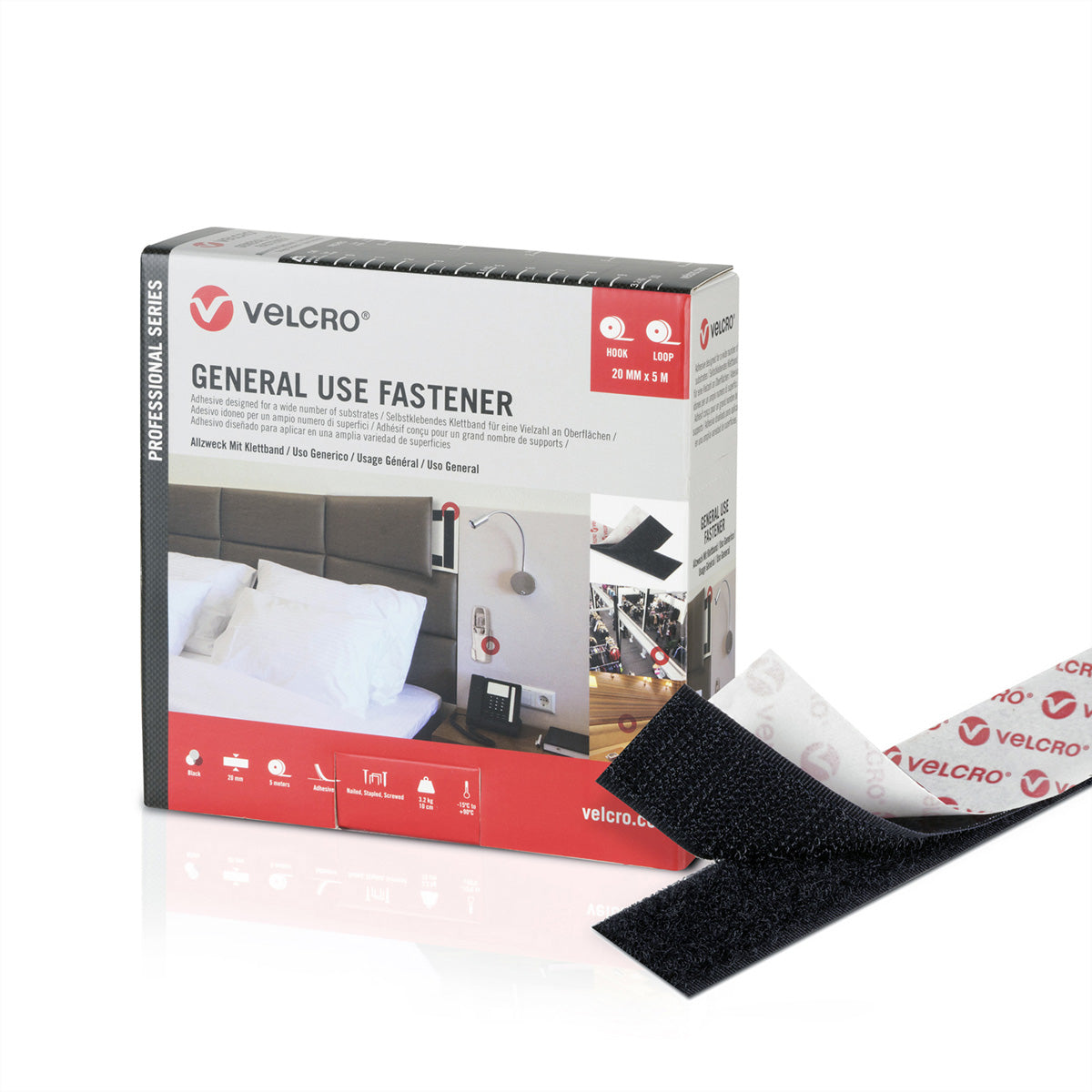 Velcro Klettband – 20 mm × 5 m, schwarz, selbstklebend, für Glas/Metall/Holz
