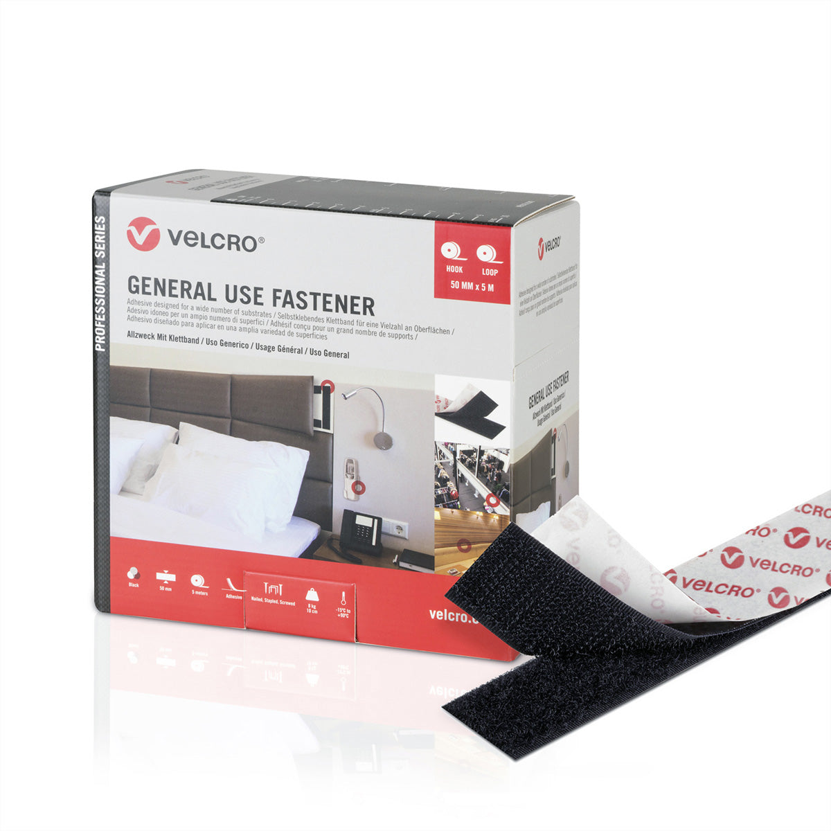Velcro Klettband – 50 mm × 25 m, schwarz, für Glas/Metall/Holz, selbstklebend