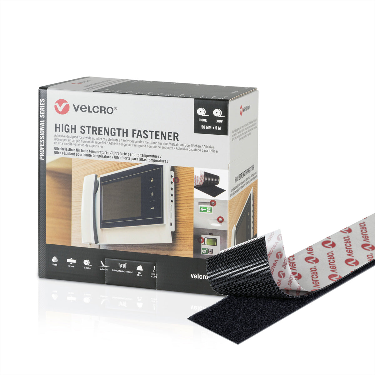 Velcro Selbstklebendes Klettband – 50 mm × 5 m, schwarz