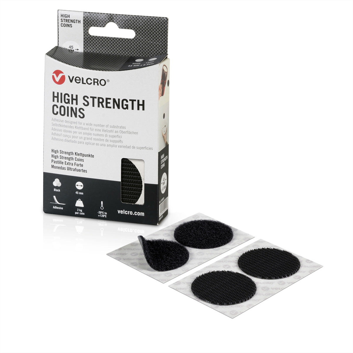 Velcro Klettband – 45 mm, schwarz, selbstklebend, für diverse Oberflächen (z. B. Glas/Metall/Holz)