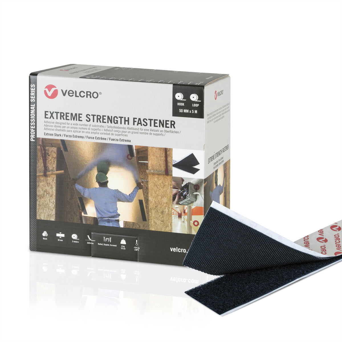 Velcro Professional Series Klettband Extreme Stärke – 50 mm × 5 m, schwarz, selbstklebend