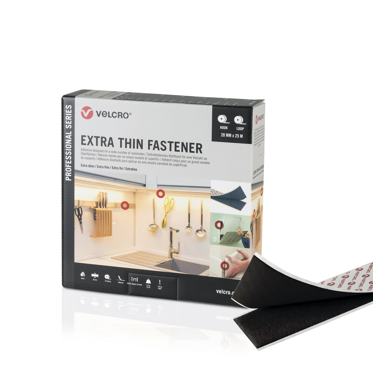 Velcro Professional Serie Klettband Extra Dünn – 20 mm × 25 m, schwarz, selbstklebend