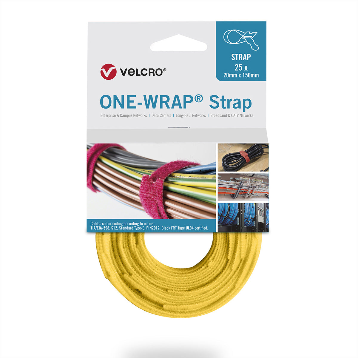 Velcro Klettkabelbinder, 200 mm × 13 mm, 25er-Pack – Gelb