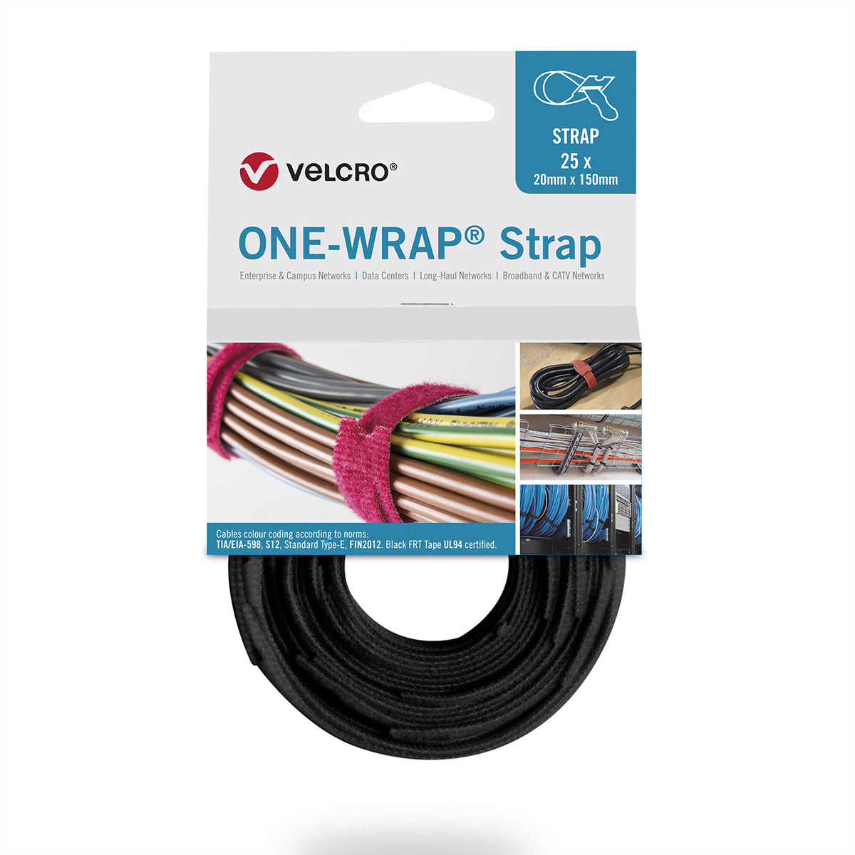 Velcro Klettband – 20 mm × 150 mm, PP, Schwarz, 25 Stück