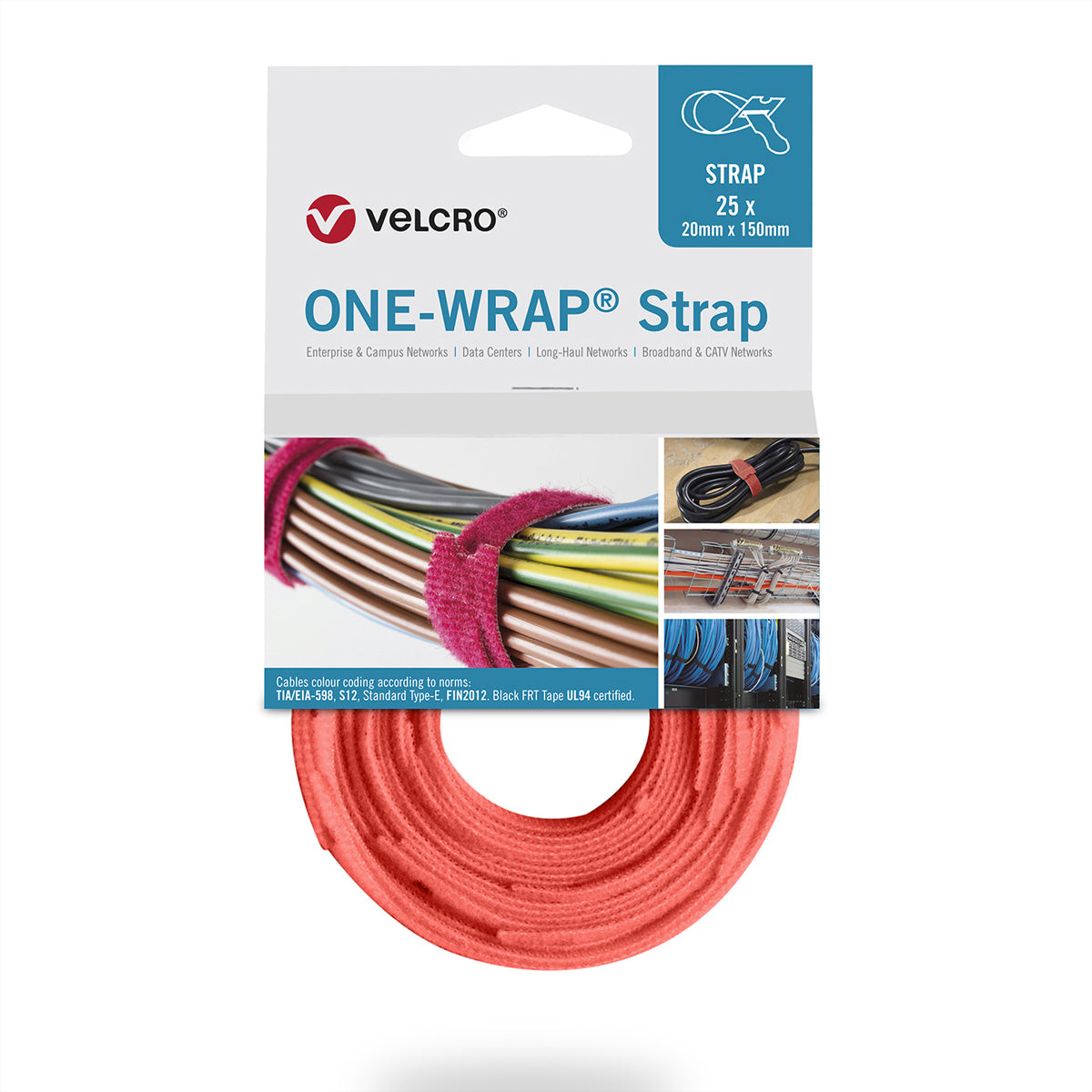 Velcro One Wrap Klettband 20 mm × 200 mm – 25 Stück, lösbar, wiederverwendbar, orange, PP