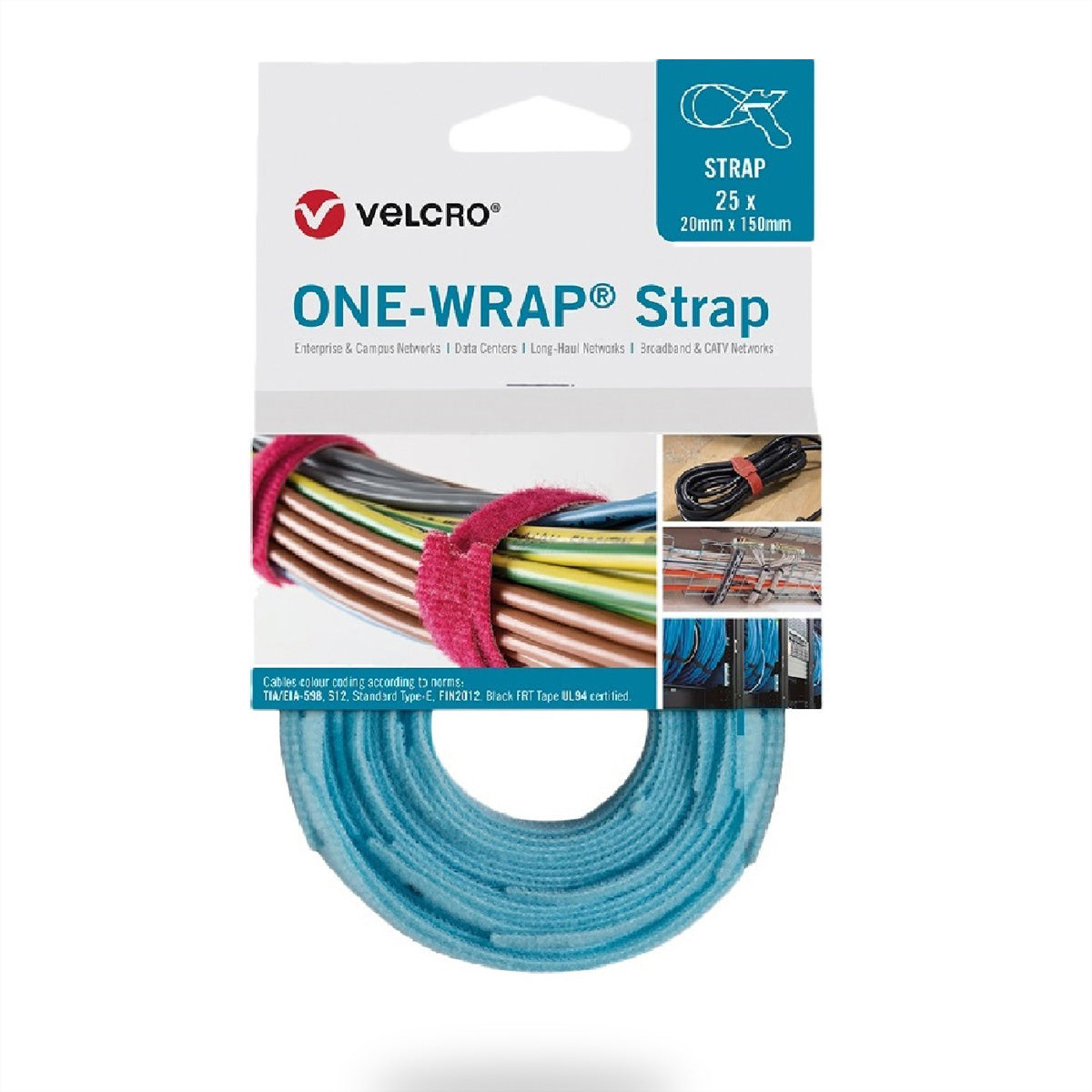 Velcro Klettband – 20 mm × 230 mm, PP, türkis, 25 Stück