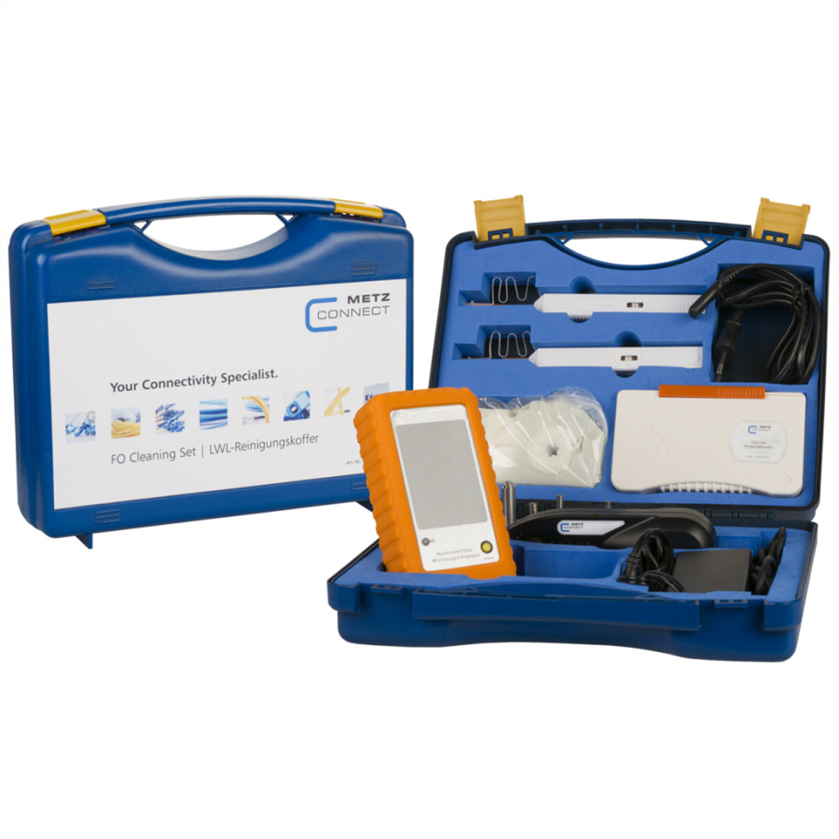 METZ CONNECT LWL-Reinigungskoffer – 250× Mikroskop-Kamera, 3,5" Monitor, für LC/SC/ST, 1,25/2,5 mm Ferrulen