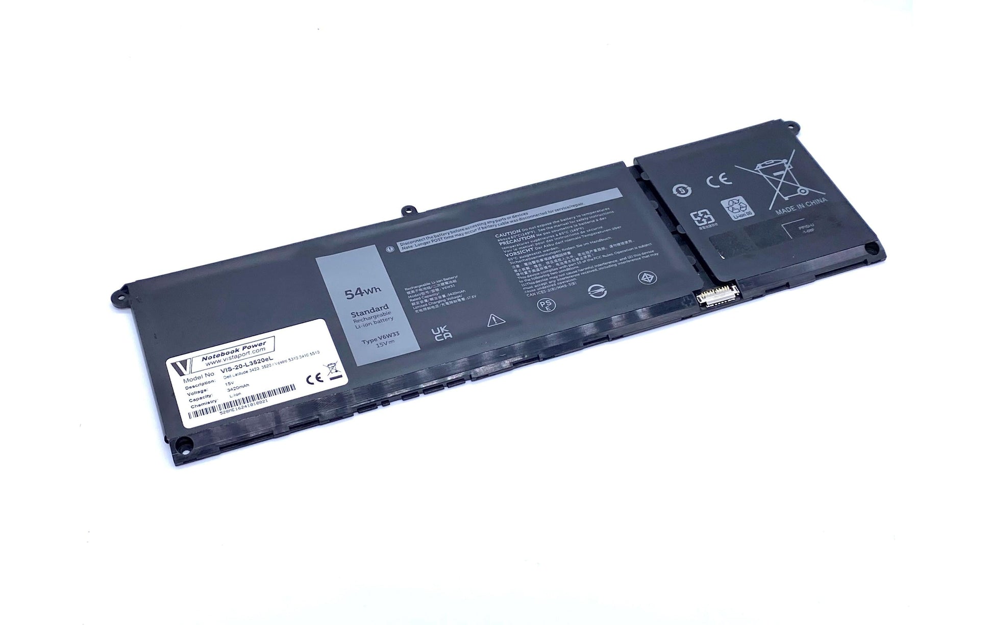 Vistaport Notebook-Akku – für Dell Inspiron/Latitude/Vostro – 54 Wh, 15 V, 4 Zellen – Schwarz