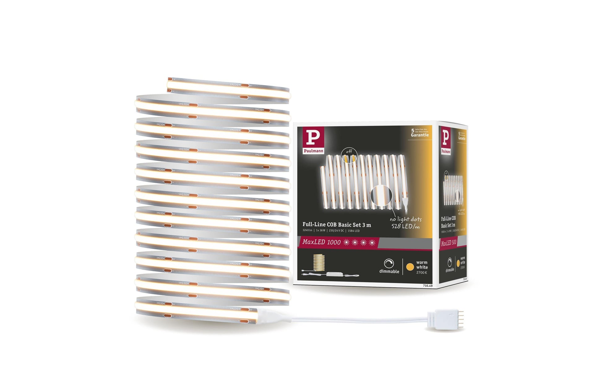 Paulmann LED-Strip MaxLED 1000 BasisSet – 3 m, 3240 lm, 36 W, 2700 K, dimmbar, silber, inkl. Netzteil