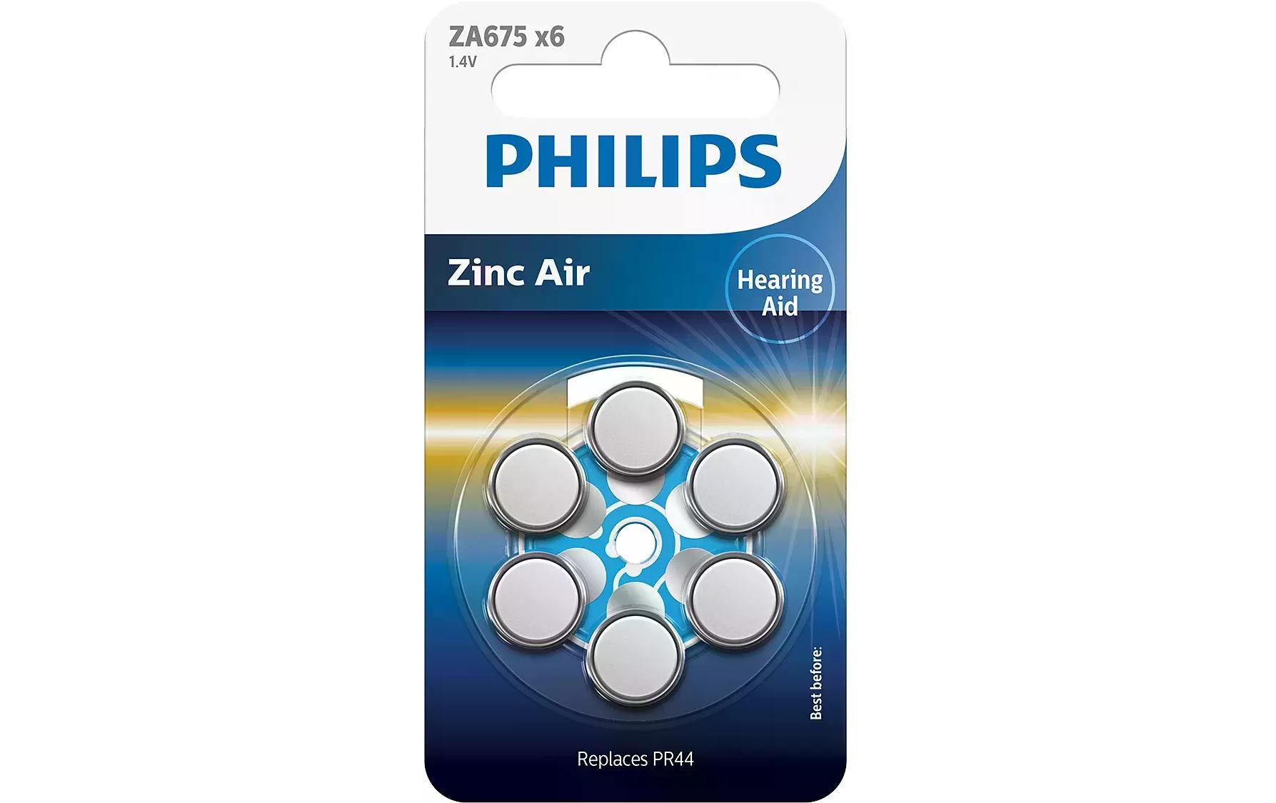 Philips Hörgerätebatterien 675 (PR44), Zink-Luft, 1,4 V – 6 Stk.