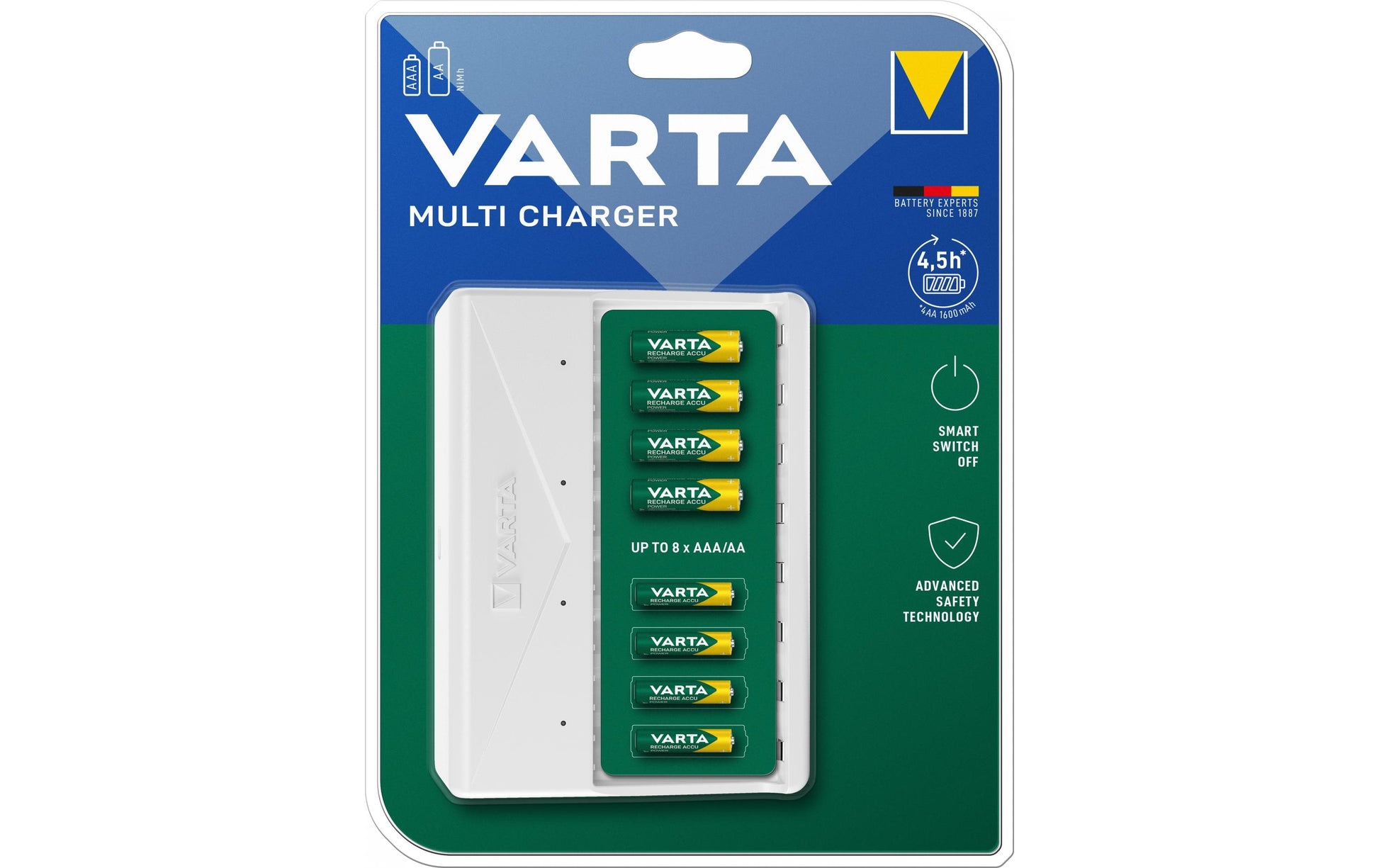 Varta Multicharger Batterieladegerät 8× – für AA, AAA, D (HR20/Mono) – 0,45 A, 4,5 h, weiss