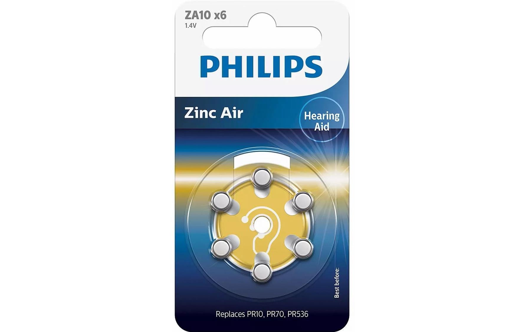 Philips Hörgerätebatterien 10 (PR70), Zink-Luft, 1,4 V – 6 Stk.