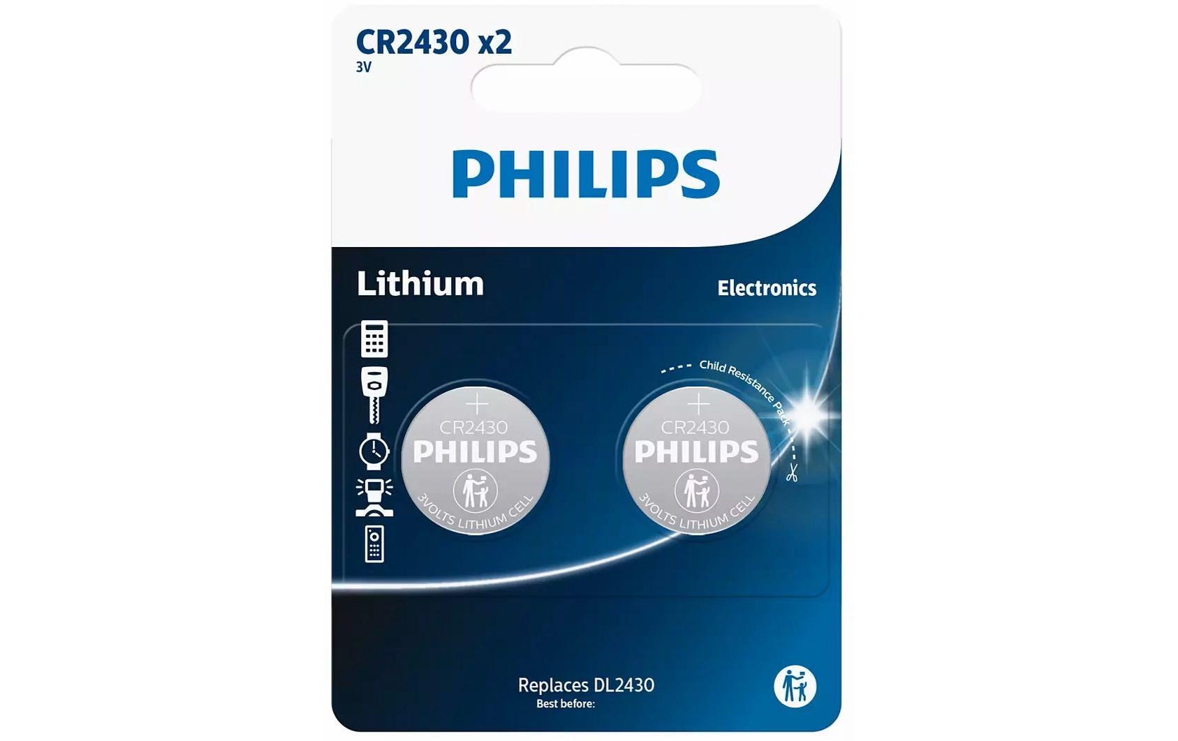 Philips Knopfzellen CR2430, Lithium-Mangandioxid, 3 V – 2 Stk.