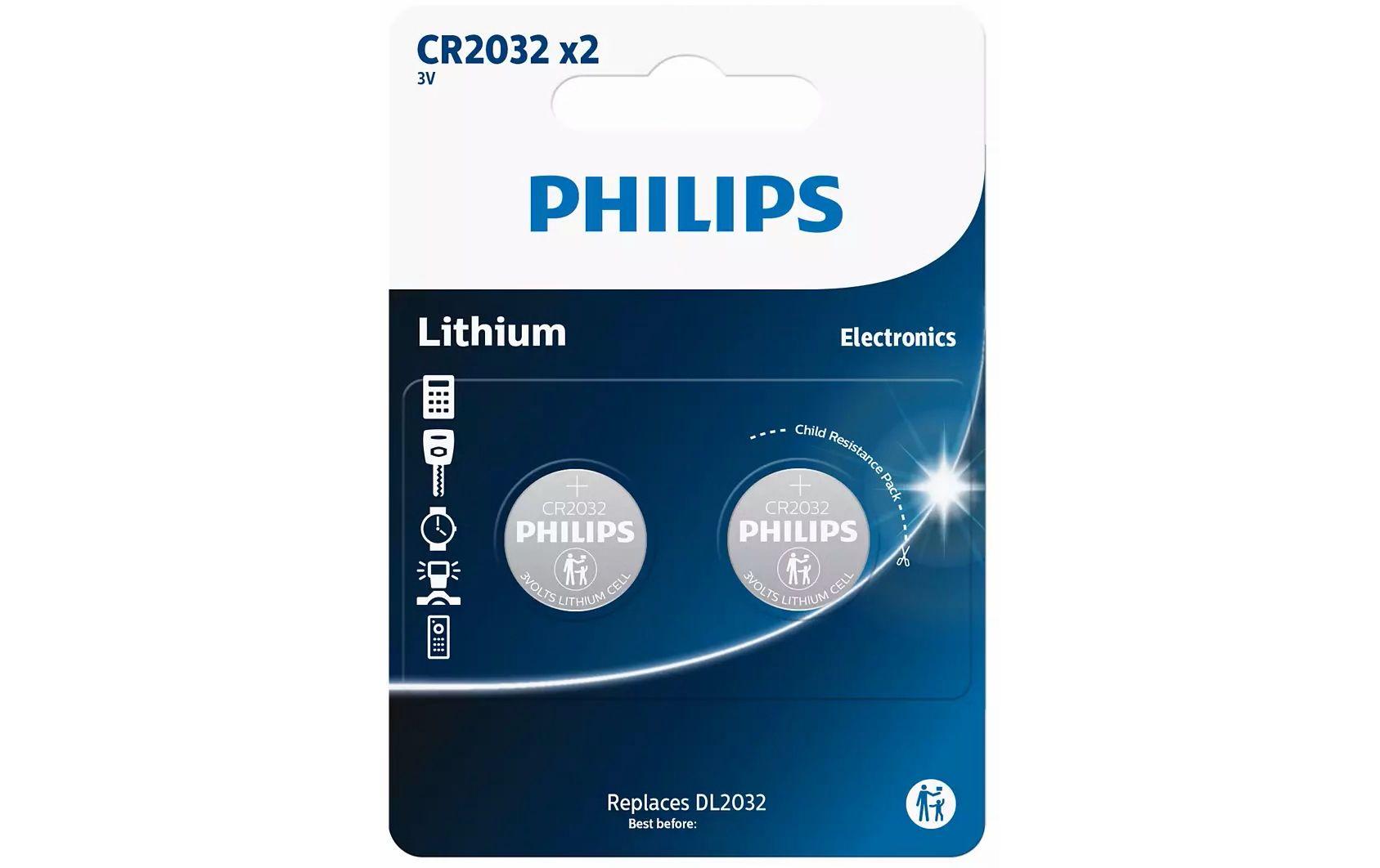 Philips Knopfzellen CR2032, Lithium-Mangandioxid, 3 V – 2 Stk.