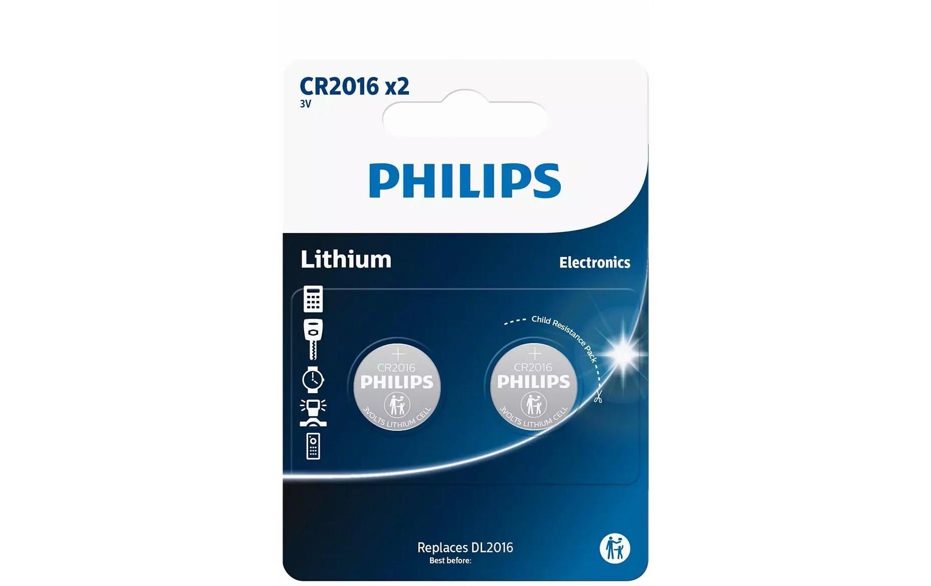 Philips Knopfzellen CR2016, Lithium-Mangandioxid, 3 V – 2 Stk.