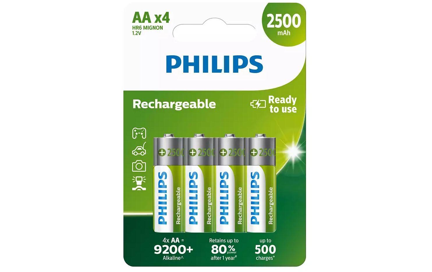 Philips AA Akkus, Nickel-Metallhydrid (NiMH), 2500 mAh, 1,2 V – 4 Stk.