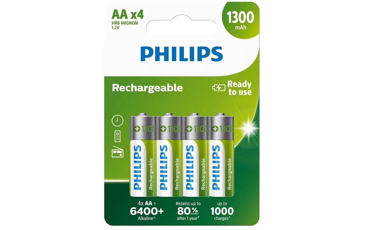 Philips AA Akkus – NiMH, 1300 mAh, 1,2 V – 4 Stk.