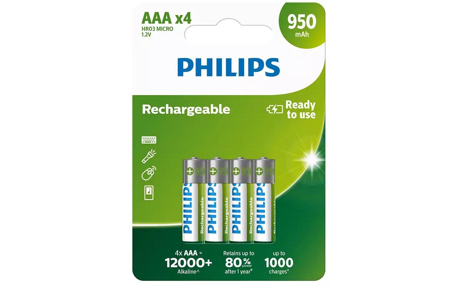 Philips AAA Akkus, NiMH, 950 mAh, 1,2 V – 4 Stk.