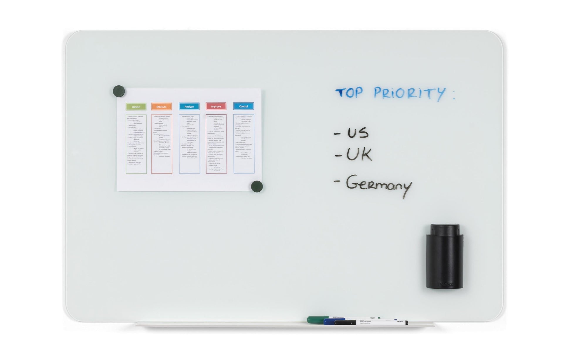 Bi-Office Whiteboard – 120 × 90 cm, Glas, magnetisch, inkl. Stiftablage