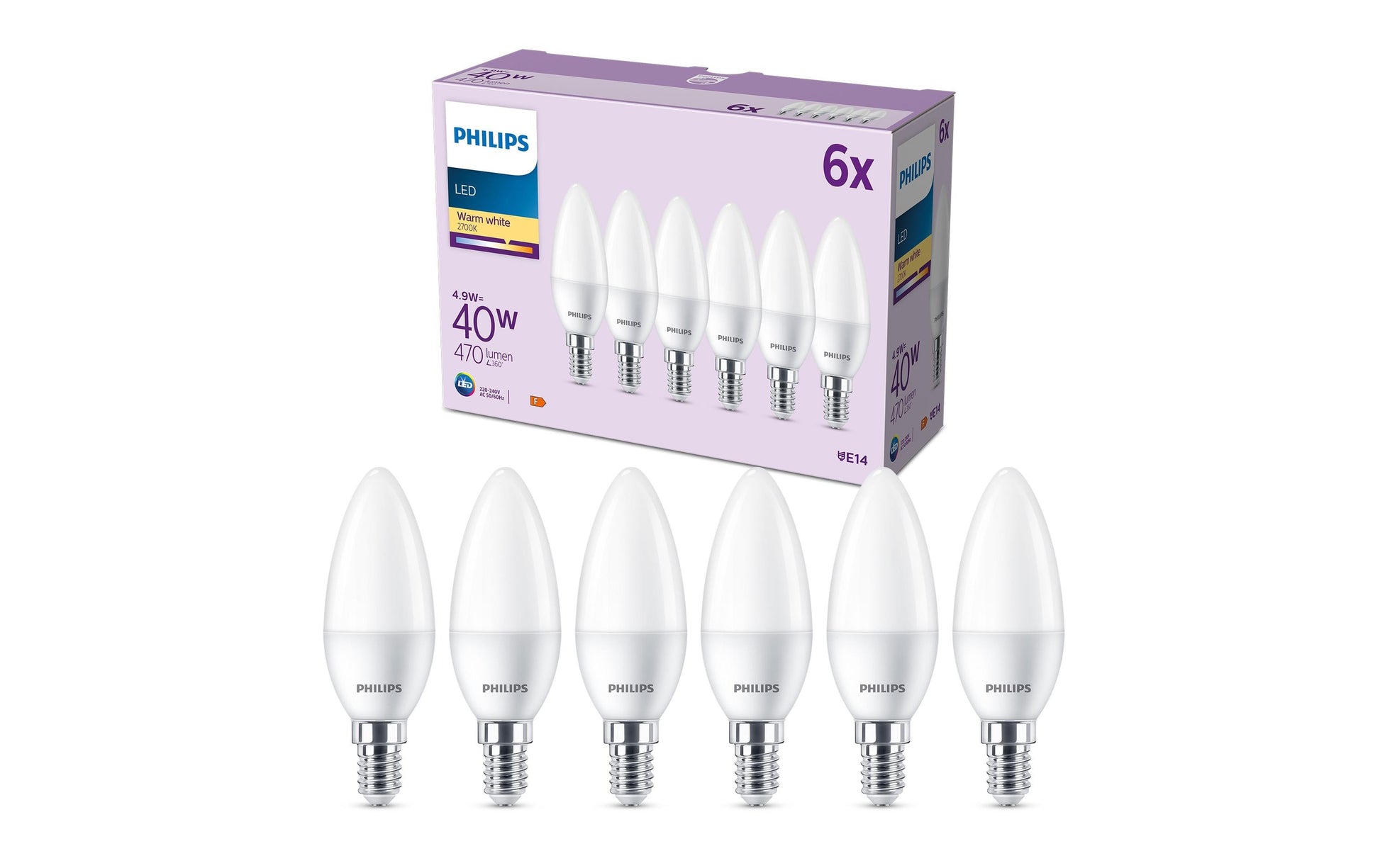 Philips by Signify Philips LED-Leuchtmittel E14 B35 Kerze – 470 lm, 4,9 W, Warmweiss 2700 K – 6 Stk.