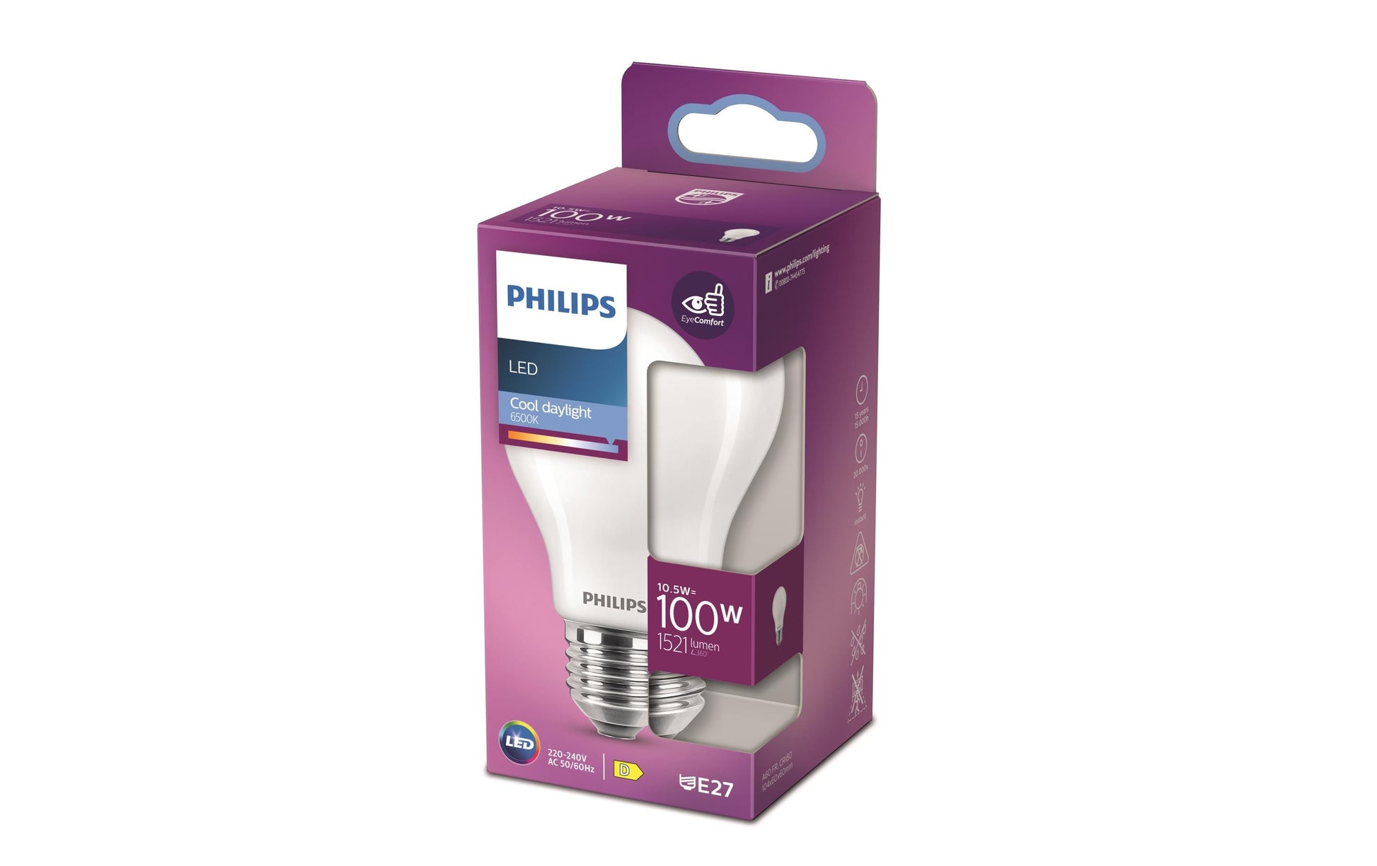 Philips by Signify Philips LED-Leuchtmittel E27 A-Form – 1521 lm, 10,5 W, Kaltweiss 6500 K – 1 Stk., Weiss, Glas