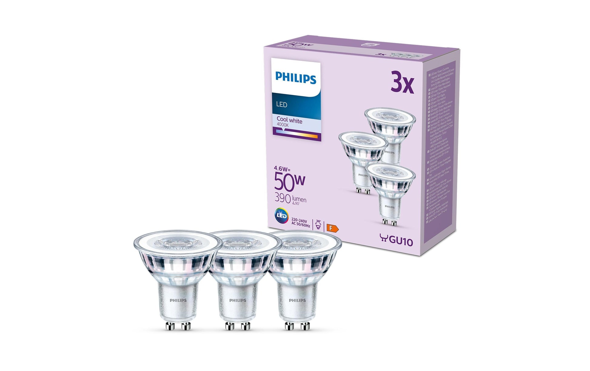 Philips by Signify Philips LED-Leuchtmittel GU10 – Neutralweiss 4000 K, 390 lm, 4,6 W, 36° – 3 Stk., Silber/Glas