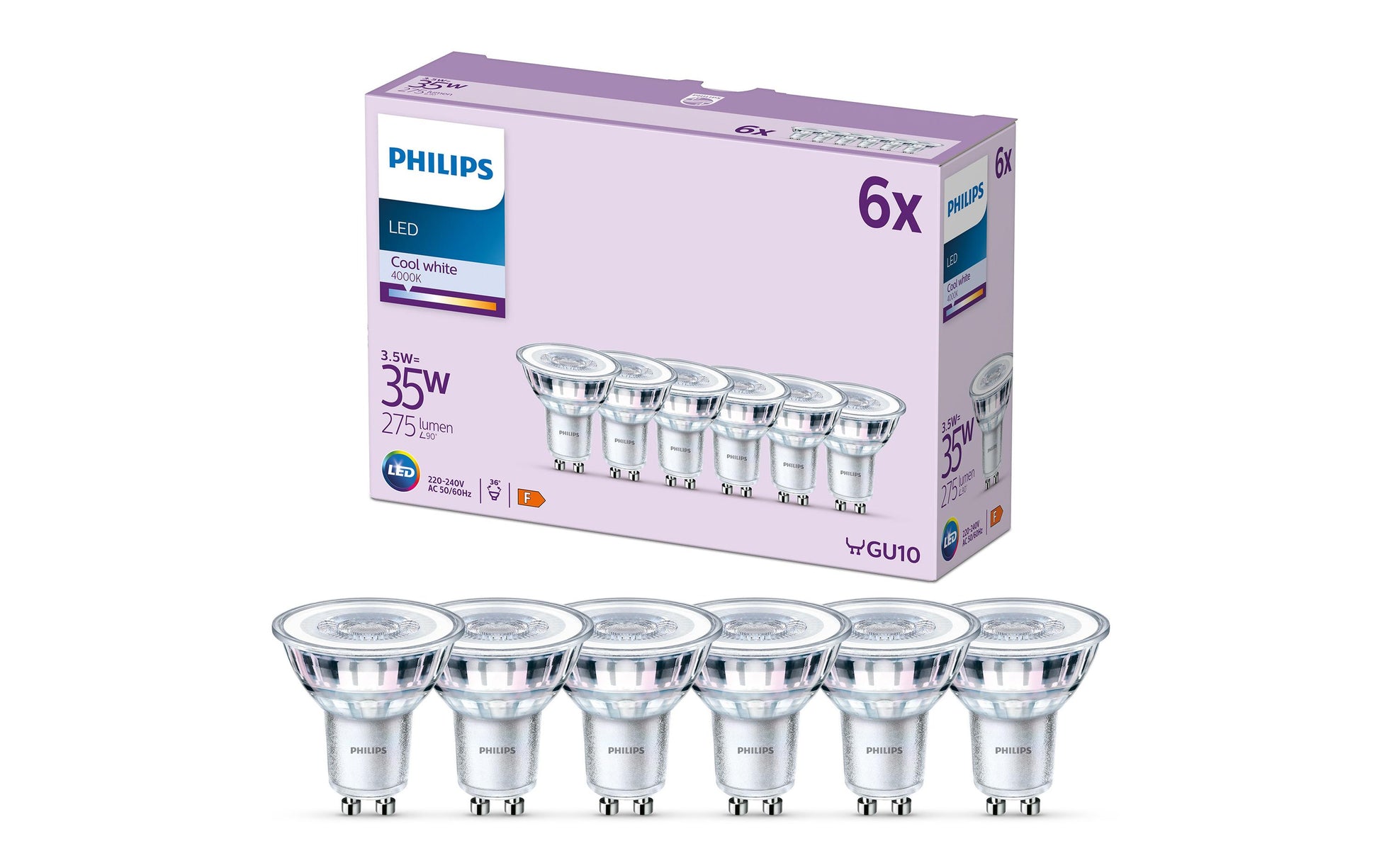 Philips by Signify Philips LED-Leuchtmittel GU10 Reflektor – Neutralweiss 4000 K, 275 lm, 3,5 W, 36° – 6 Stk. – Silber/Glas