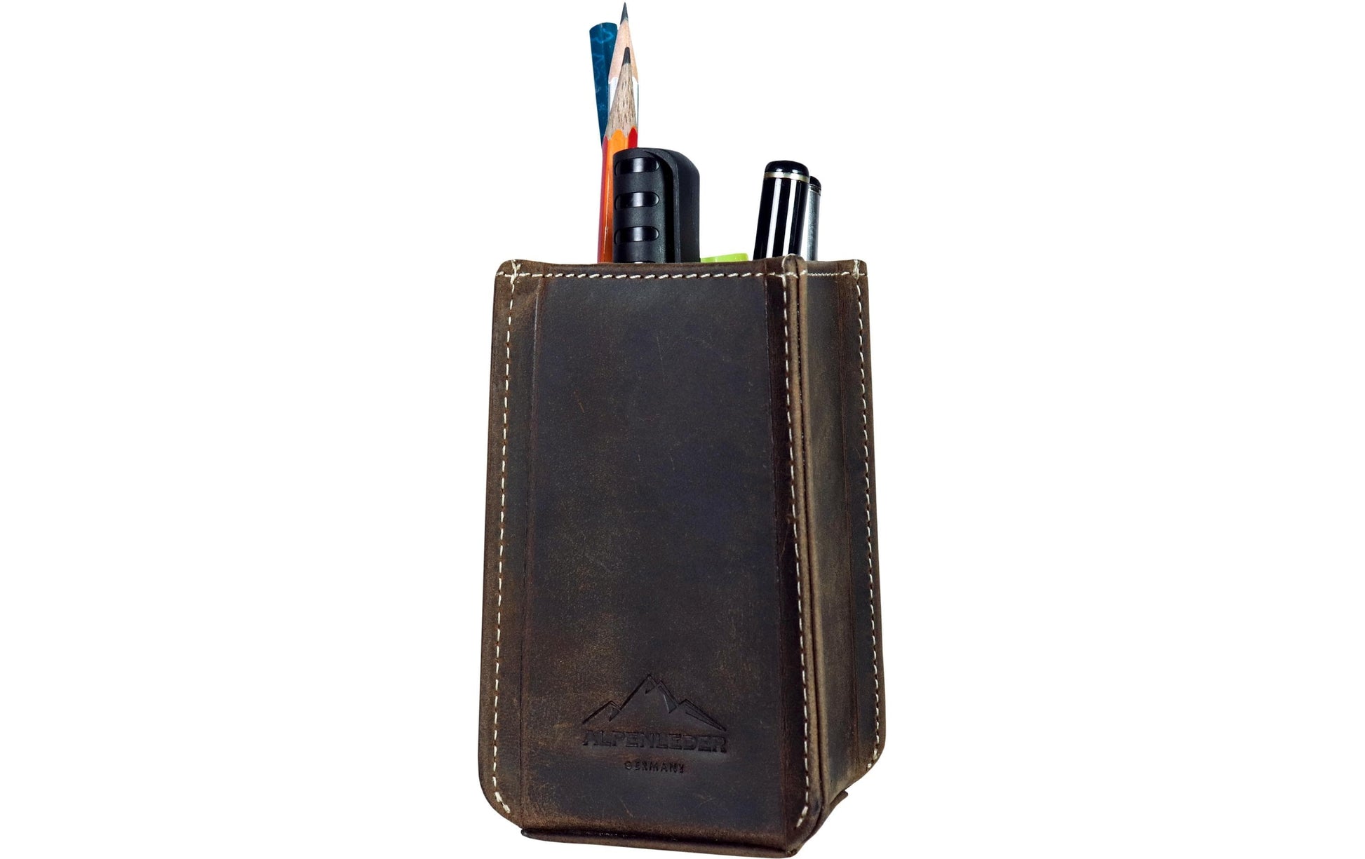 Alpenleder Stifteköcher Haferl – Büffelleder, Dunkelbraun, 50×120×50 mm