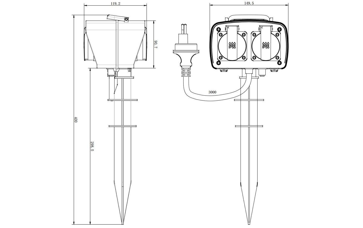 Elbro Gartensteckdose, 4×T13, IP55, 3 m, Erdspiess, Klappdeckel – Grün