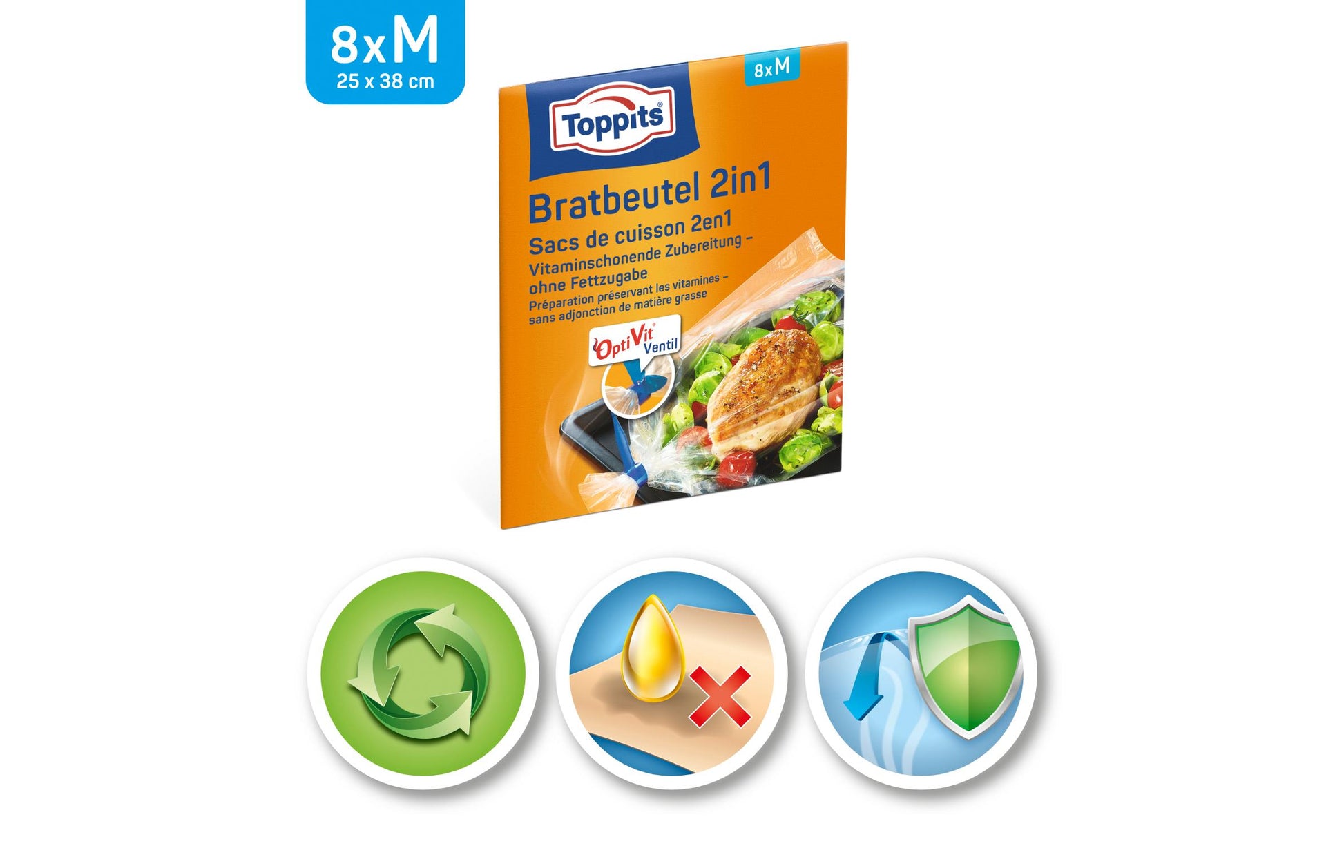 Toppits Bratbeutel 27 × 38 cm, 8 Stk., Kunststoff, mikrowellenfest, mit OptiVit-Ventil