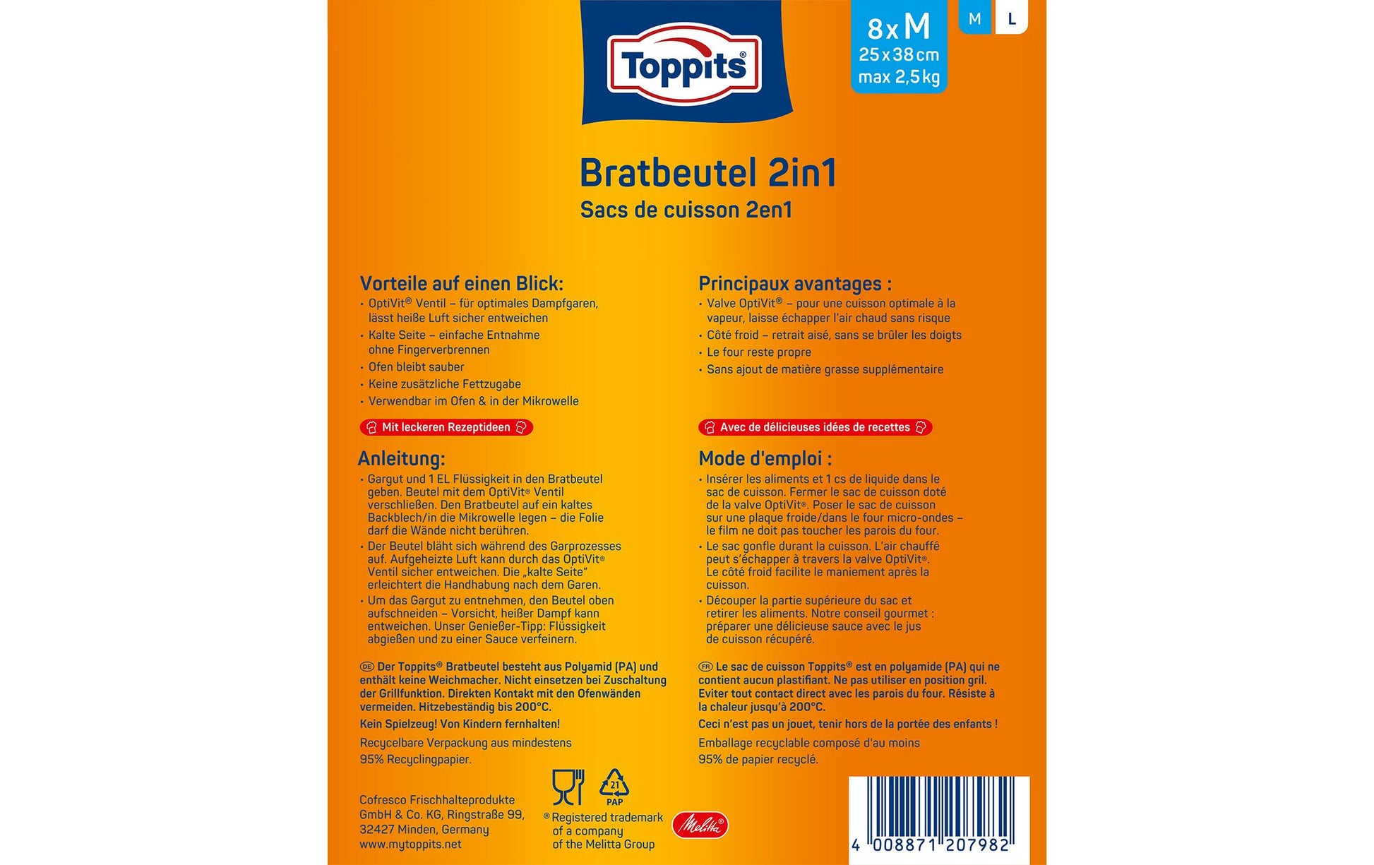 Toppits Bratbeutel 27 × 38 cm, 8 Stk., Kunststoff, mikrowellenfest, mit OptiVit-Ventil