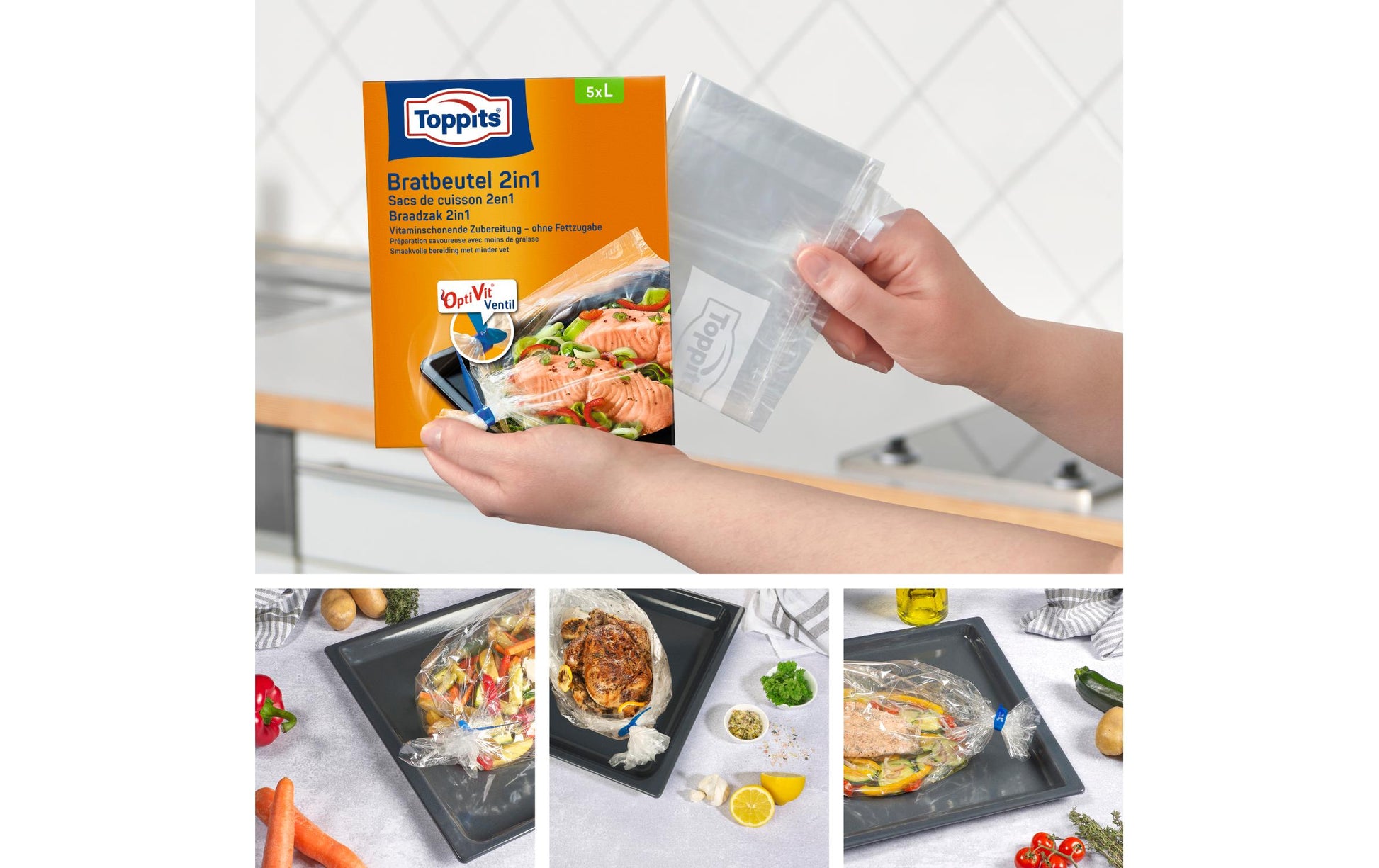 Toppits Bratbeutel 37 × 43 cm, 5 Stk., Kunststoff, mikrowellenfest, mit OptiVit-Ventil