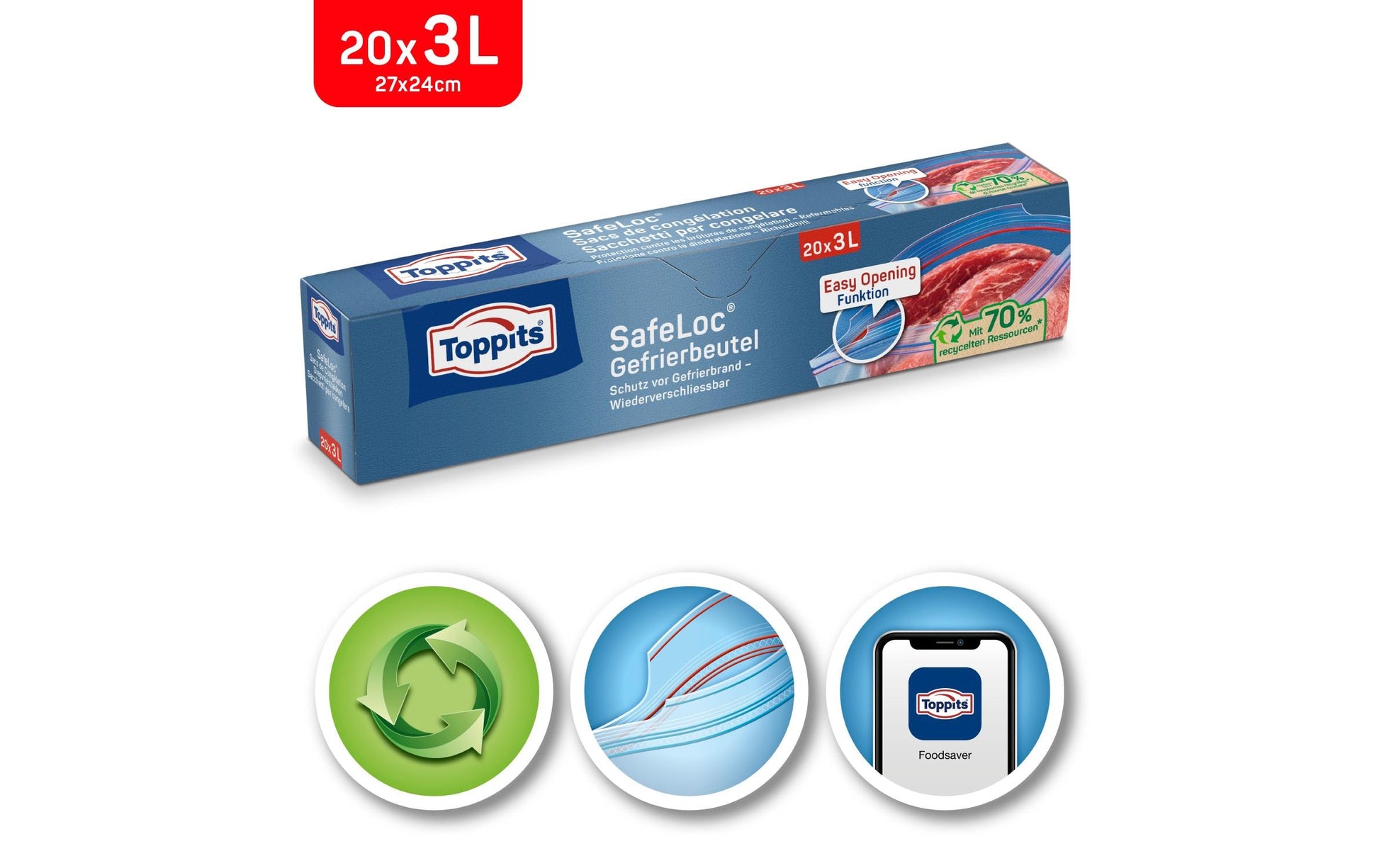 Toppits Gefrierbeutel 3 l, 27 × 24 cm, 20 Stk., Polyethylen (PE), luftdicht