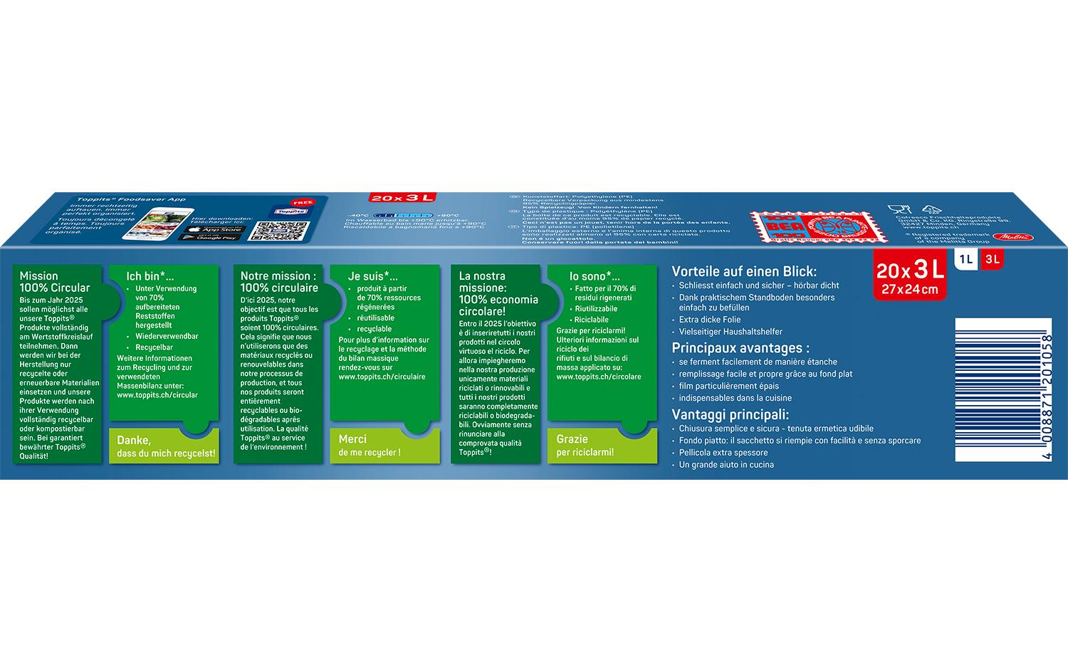 Toppits Gefrierbeutel 3 l, 27 × 24 cm, 20 Stk., Polyethylen (PE), luftdicht