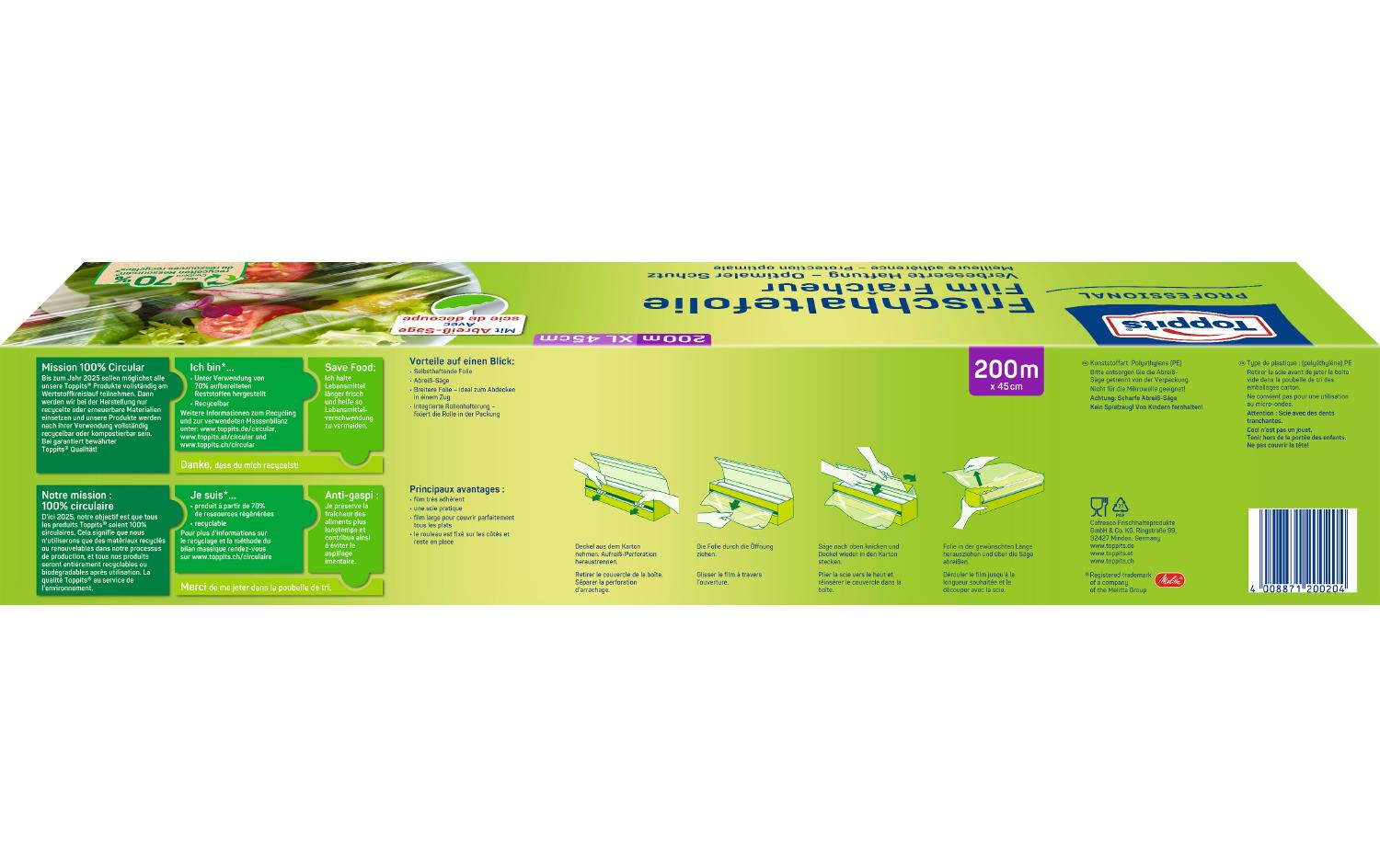 Toppits Frischhaltefolie 200 m × 44 cm, Polyethylen (PE), transparent
