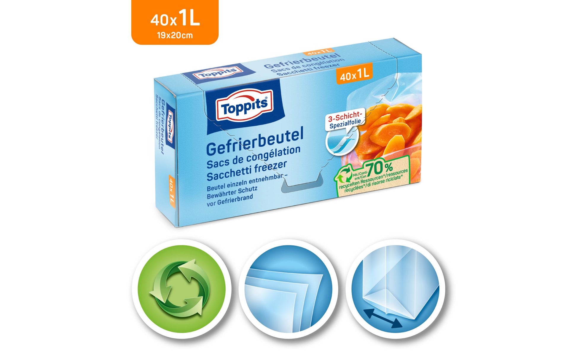 Toppits Gefrierbeutel 1 l, 19 × 20 cm, Polyethylen (PE), 40 Stk., durchscheinend